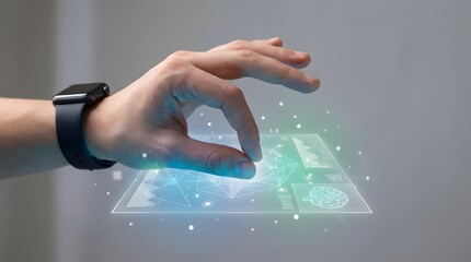 Hand interacting with a glowing holographic display showcasing futuristic technology and data visualization