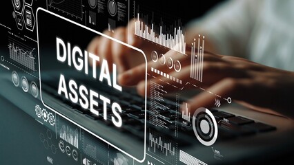 Digital Asset Management and Financial Technology Concepts with Hands on Keyboard and Data Graphics Overlays. Asymptotic smart data analytic.