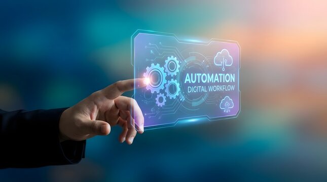Initiating smart digital workflow automation on a virtual holographic screen, representing advanced business process optimization and future-forward technological solutions for efficiency - Powered by Adobe