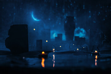 Mysterious night scene with candles and ghostly silhouettes