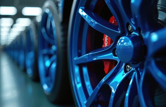 Close-up of shiny blue alloy car wheels in a row. Red brake calipers visible behind custom rims. Sharp automotive detail in bright studio lighting.