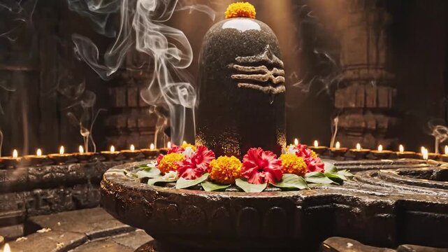Serene Rituals with Floral Decorations and Incense Smoke in Traditional Setting