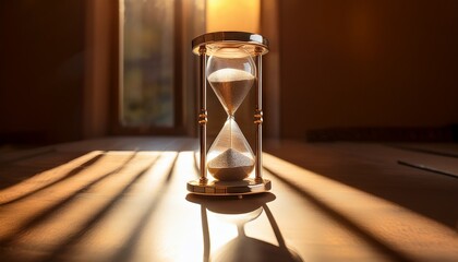 silver hourglass stands warm golden light source curves emphasized subtle shadows shallow angle
