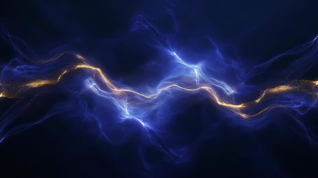 Glowing blue plasma lightning arcs through a dark night storm creating a seamless liquid texture of electric energy and fractal power waves