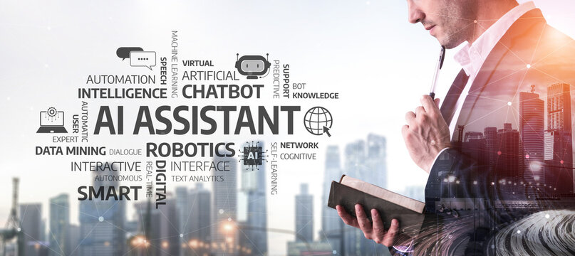 A businessman explores AI assistant technologies, surrounded by data and innovation in a modern city. The image highlights the integration of automation, analytics, and robotics. Tessel - Powered by Adobe
