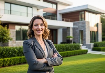 Fototapeta premium Woman realtor smiling in front of a modern luxury home, showcasing real estate property management. Gigapixel residential architecture