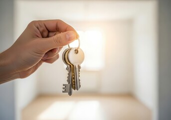 Male hand holding keys for new home or apartment, concept of real estate sale, purchase, rent, and moving, for property service advertisement
