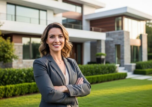 Woman realtor smiling in front of a modern luxury home, showcasing real estate property management. Gigapixel residential architecture