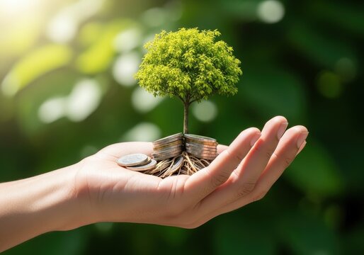 Human hand holding small tree growing from coins. Concept of sustainable financial investment and business growth for ecological future