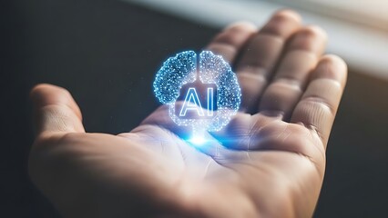 Artificial Intelligence Brain Hologram Glowing in Open Hand.