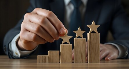 Business professional adding a star to a rising graph of wooden blocks.