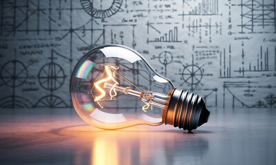 Glowing Incandescent Light Bulb on Blueprint Background Symbolizing Innovation.