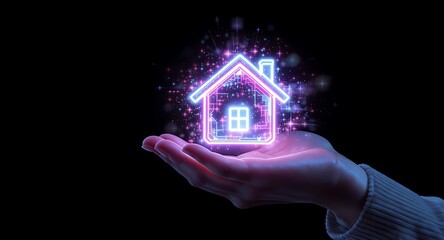 Hand holding glowing house icon symbol.