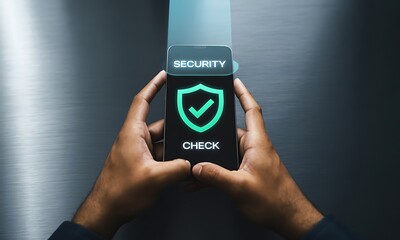 Hands Holding Smartphone Displaying Security Check Icon and Text.