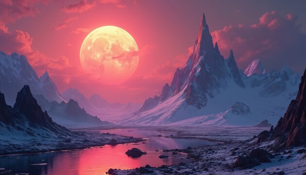 Futuristic fantasy landscape with snow mountains and a huge neon moon. Cold planet with icy river reflecting pink sky and clouds. Sci fi digital art.