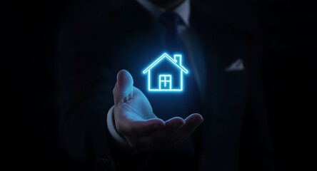 Businessman holding glowing house icon.