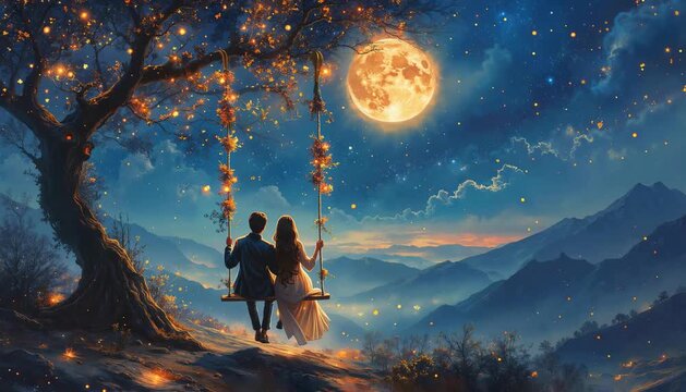 Couple on a swing и Silhouette of couple on a swing. Young couple swinging under a full moon in a starry night sky  