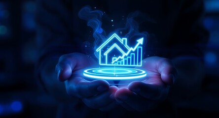 Hands holding glowing house graph icon.