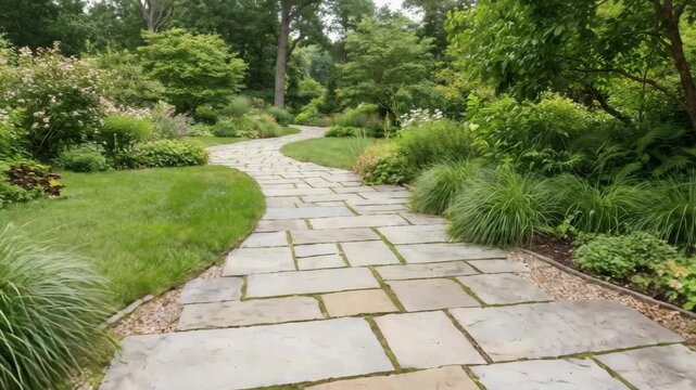 Stone garden pathway in natural landscape style in soft green tones representing tranquility harmony and outdoor design