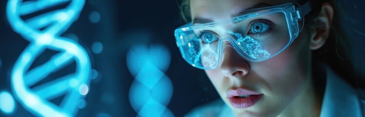 Woman researcher looks at glowing DNA helix. Female scientist in lab studies genetic code. Future tech advances medical science, bioinformatics research for human health.