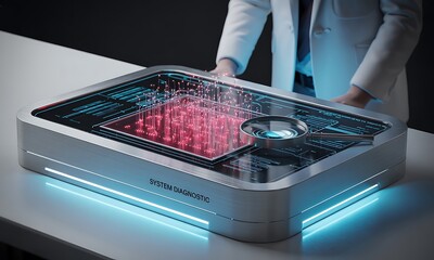 Scientist interacting with futuristic technology.