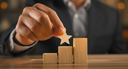 Businessman placing star on wooden block.