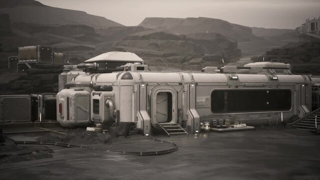 A large, futuristic colonist base stands on a distant planet, surrounded by rugged rocks