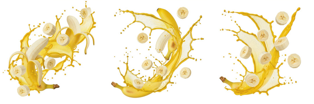 Banana fruit Musa acuminata Musa paradisiaca, banana with juice splash, ripe banana raw banana, plantain cooking banana, kela platano banane pisang chuoi cambur oil paint