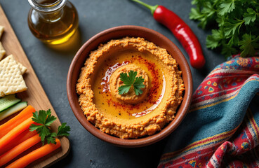Healthy red lentil hummus appetizer in clay bowl with olive oil and paprika. Served with crackers, carrot sticks, cucumber slices and parsley garnish. Spicy red chili pepper on side.