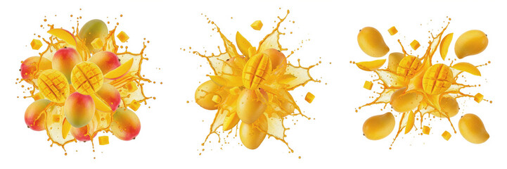 Mango fruit Mangifera indica, mango with juice splash, ripe mango raw mango, alphonso kesar chaunsa langra dasheri totapuri aam amba mangga oil paint