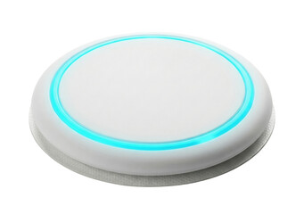 White round wireless charger with blue LED ring isolated. Smart home device.
