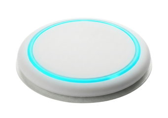White round wireless charger with blue LED ring isolated. Smart home device.