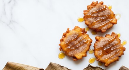 Crispy Golden Banana Fritters with Honey Drizzle on White Marble with Wide Negative Copy Space
