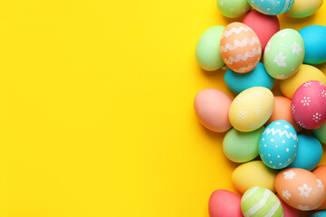 Obraz premium Many painted Easter eggs on yellow background, flat lay. Space for text