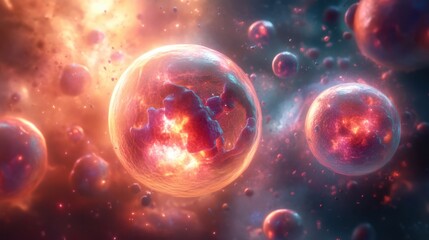 Microscopic visualization of a mutated pathogen cell glowing with inner light and surrounded by other cellular structures in a cosmic nebula