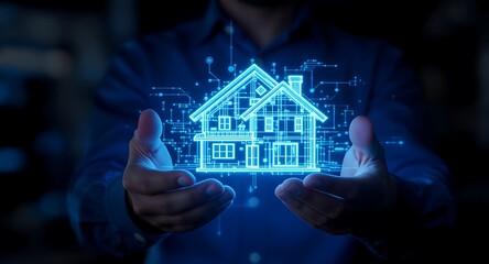 Hands holding digital house blueprint.