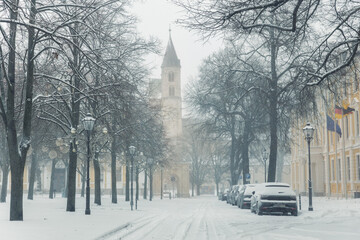 Snow covered Domplatz square Magdeburg leads toward Our Lady Church tower emerging fog snowfall trees historic buildings. Winter silence cold weather urban symmetry calm European city atmosphere
