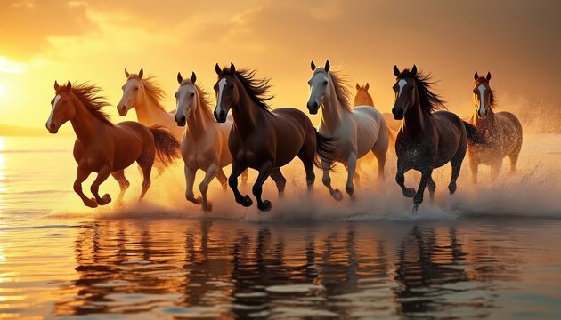 Seven horses gallop through shallow water creating splashes. Sunset light reflects on water, golden hour illumination. Majestic animals move together in harmony across a wet landscape.