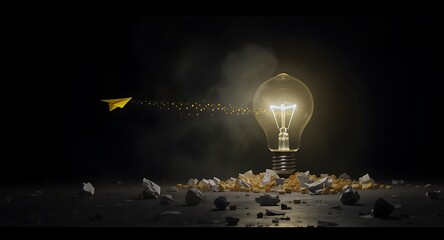 Bright lightbulb shines amidst dark rubble.