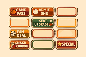 Colorful ticket stubs with icons: game pass, admit one, seat upgrade, fan deal, snack coupon, special offer