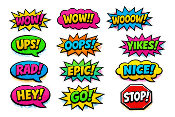 Colorful comic speech bubbles with bold expressions and exclamations