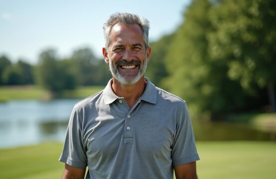 Smiling middle aged man with grey hair and beard stands on rich green golf course. He wears a grey polo shirt and enjoys sunny outdoor leisure. Water and trees blur in background.