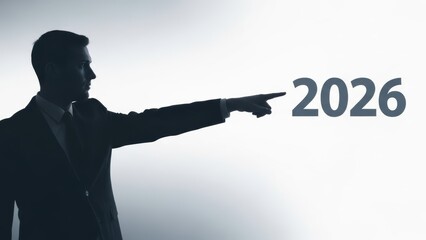 Professional silhouette pointing towards year 2026 indicating future business strategy and goals