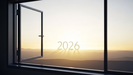 Open window view toward a hopeful 2026 horizon at sunrise over distant mountains signifying new