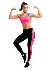 Caucasian fitness woman showing strength gesture arms feminine power mockup transparent background