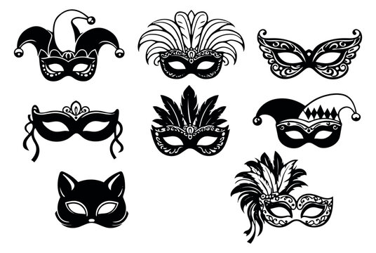 Decorative line art masquerade mask set featuring ornate designs, feathers, and jester hats for carnival celebrations and costume parties