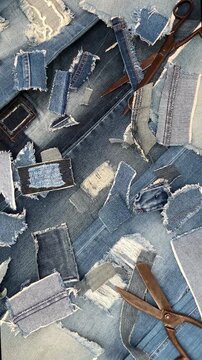 Denim Fabric Scraps Background for Sustainable Fashion and Recycling