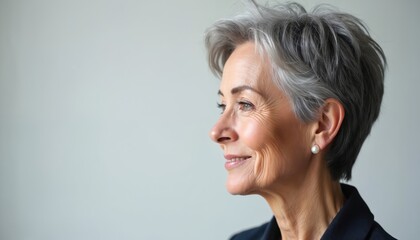 Mature Caucasian woman smiles gently in profile studio shot. Elegant lady with grey hair wears dark suit. She looks left on white background, confident and pro.