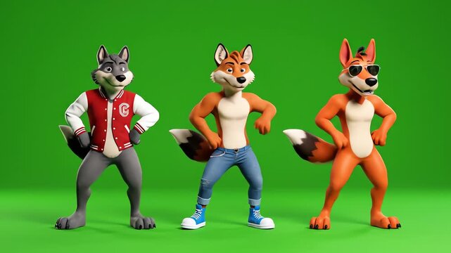 Three cool animated cartoon foxes and a wolf mascot character group stand confidently, showcasing various stylish poses and outfits against a bright green screen background for easy compositing.
