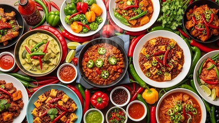 Assorted International Dishes on Colorful Table.